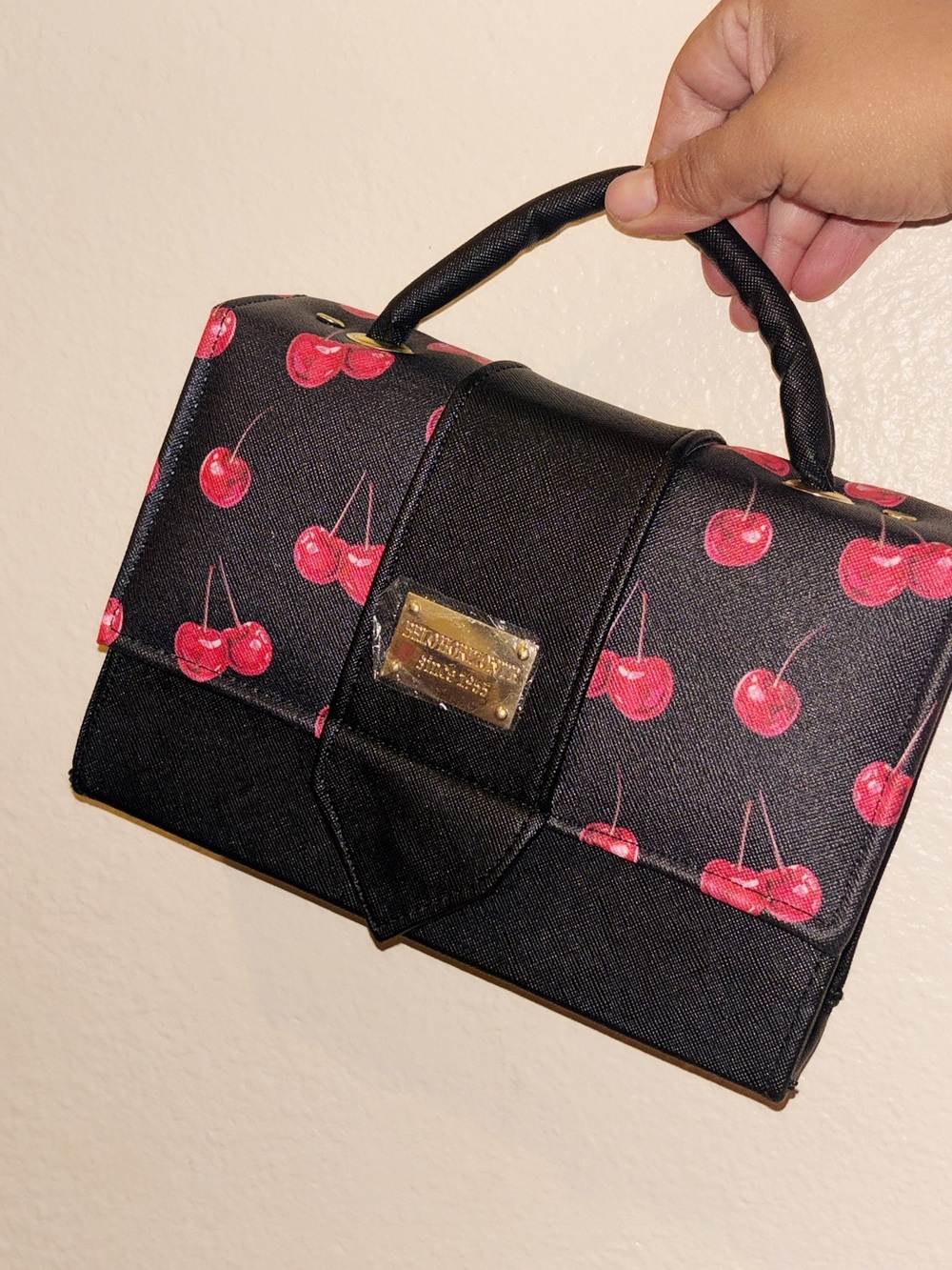 Cherry Print Top-Handle Bag - Black